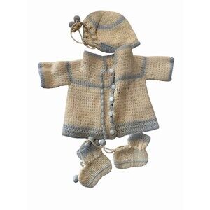 Vintage Handmade Baby Knit Set Hat Booties Sweater Wool Japan Glo-Knit Newborn